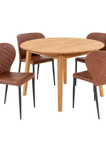 HOUSE NORDIC Metz og Pisa spisebordsett, 1 spisebord, 4 spisestoler - brun PU/naturlig eik