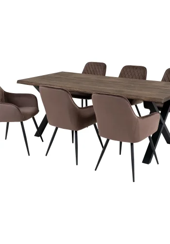 HOUSE NORDIC Toulon og Harbo spisebordsett, 1 spisebord, 6 spisestoler - lys brun flyel/brun eik