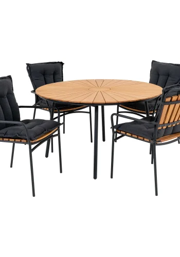 HOUSE NORDIC Cleveland hagembelsett, 1 hagebord og 4 hagestoler - naturlig teak og svart metall