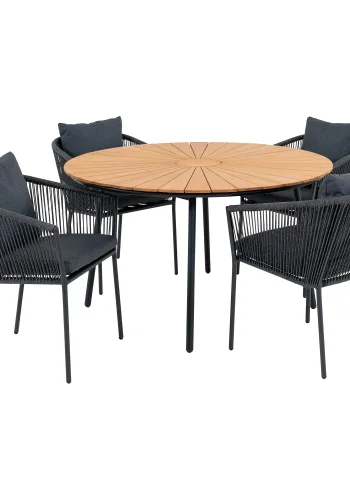 HOUSE NORDIC Cleveland og Salerno hagembelsett, 1 hagebord og 4 hagestoler - grtt tau/naturlig teak