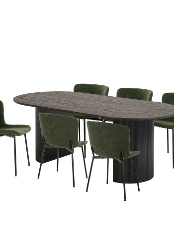 HOUSE NORDIC Boavista och Maceda matbordsset, 1 matbord, 6 stolar - gr&ouml;nt tyg och brunt dekorpapper