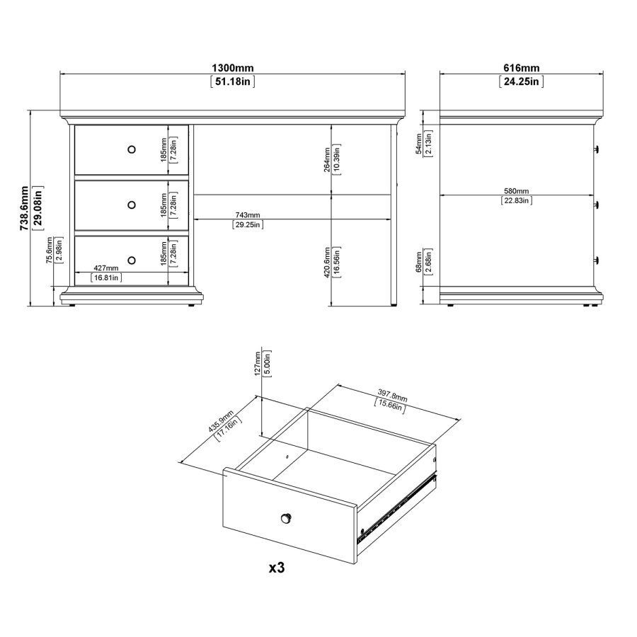 
TVILUM Paris skrivebord - rektangulært, hvid laminat, med 3 skuffer
