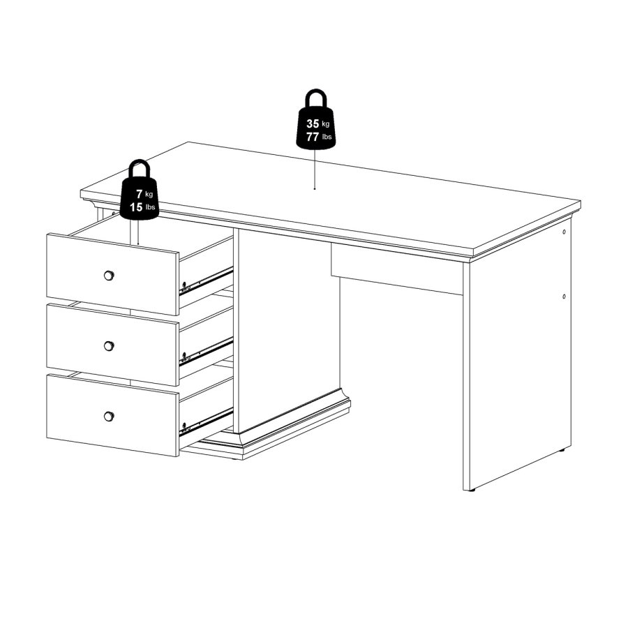 
TVILUM Paris skrivebord - rektangulært, hvid laminat, med 3 skuffer
