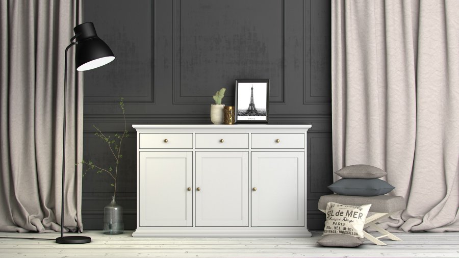 
TVILUM paris skænk - hvidt træ, 3 skuffer og låger
