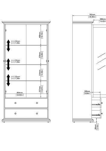 
TVILUM Paris vitrinskåp - vitt trä, med 2 dörrar och 2 lådor
