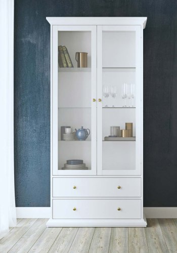 
TVILUM Paris vitrinskåp - vitt trä, med 2 dörrar och 2 lådor
