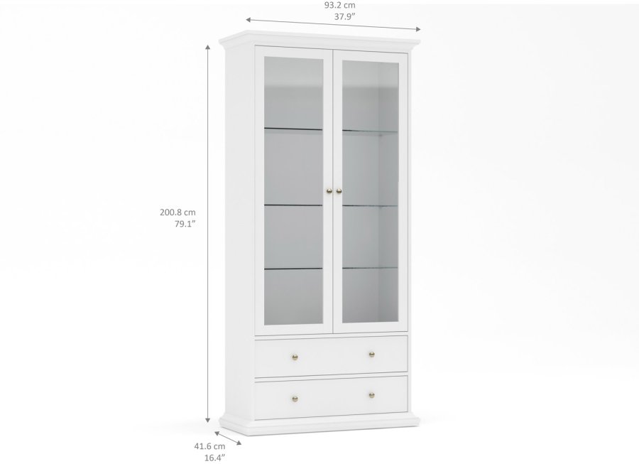 
TVILUM Paris vitrinskåp - vitt trä, med 2 dörrar och 2 lådor
