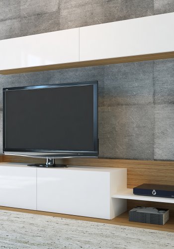 FUNZI LIVING TV-bord og vegghylle, med drer og hylle - hvit og teakfarget melamin (sett med 2)