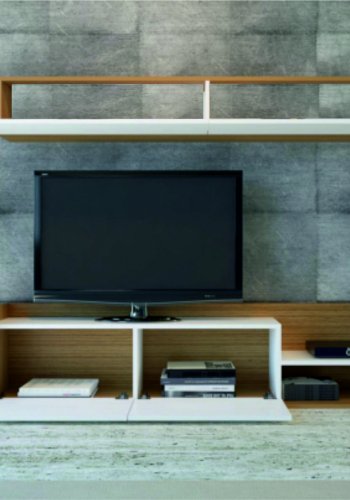 FUNZI LIVING TV-bord og vegghylle, med drer og hylle - hvit og teakfarget melamin (sett med 2)