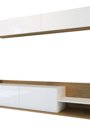 FUNZI LIVING TV-bord og vegghylle, med drer og hylle - hvit og teakfarget melamin (sett med 2)