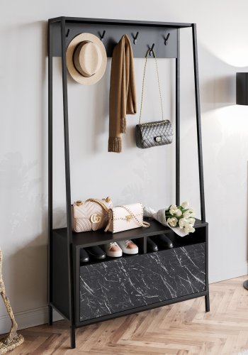 FUNZI LIVING Devin entresett, med 7 kroker, 1 dr og hylle - svart melamin og svart metall