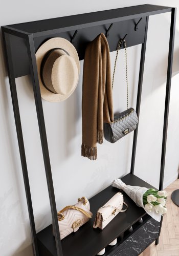 FUNZI LIVING Devin entresett, med 7 kroker, 1 dr og hylle - svart melamin og svart metall