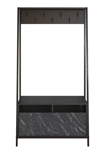 FUNZI LIVING Devin entresett, med 7 kroker, 1 dr og hylle - svart melamin og svart metall