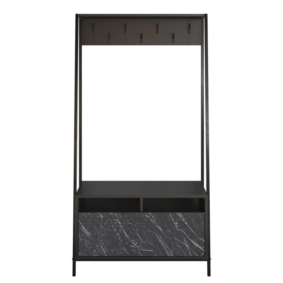 FUNZI LIVING Devin entresett, med 7 kroker, 1 dr og hylle - svart melamin og svart metall