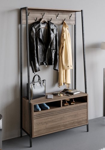 FUNZI LIVING Devin entresett, med 7 kroker, 1 dr og hylle - valnttfarget melamin og svart metall