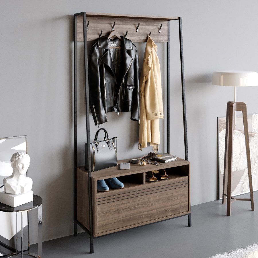 FUNZI LIVING Devin entresett, med 7 kroker, 1 dr og hylle - valnttfarget melamin og svart metall