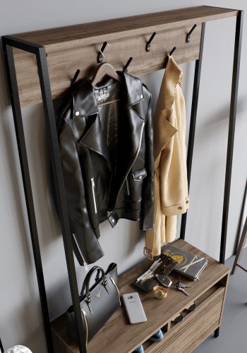 FUNZI LIVING Devin entresett, med 7 kroker, 1 dr og hylle - valnttfarget melamin og svart metall