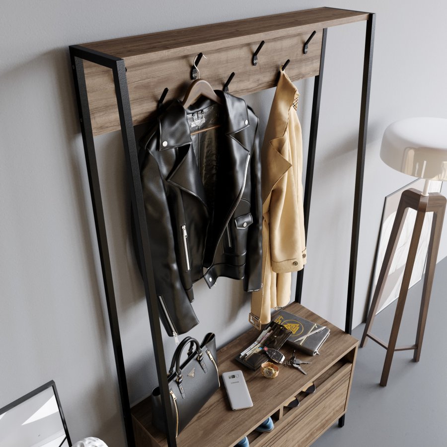 FUNZI LIVING Devin entresett, med 7 kroker, 1 dr og hylle - valnttfarget melamin og svart metall