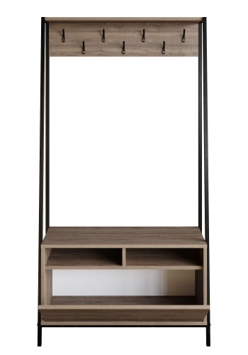 FUNZI LIVING Devin entresett, med 7 kroker, 1 dr og hylle - valnttfarget melamin og svart metall