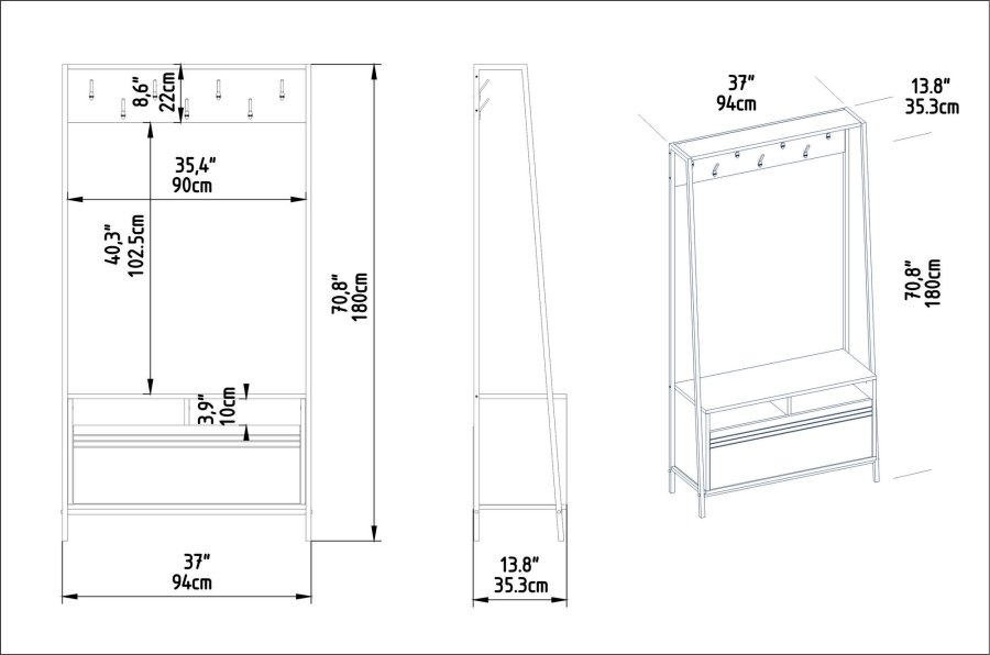 FUNZI LIVING Devin entresett, med 7 kroker, 1 dr og hylle - valnttfarget melamin og svart metall