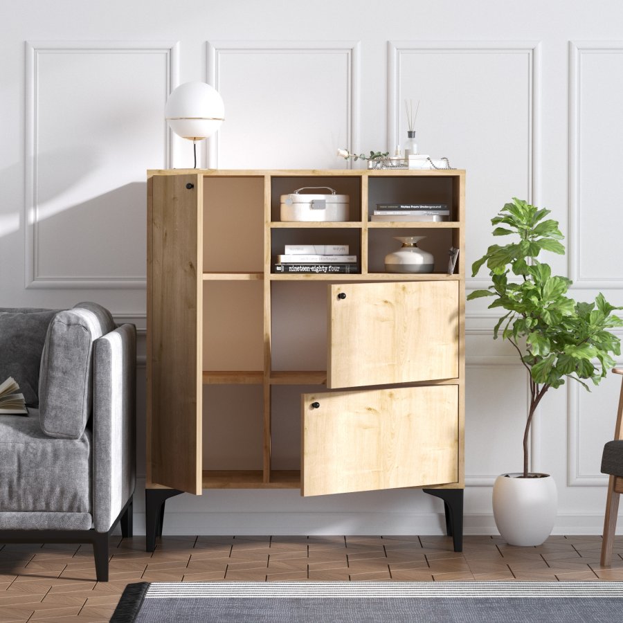 FUNZI LIVING Ewa Schrank, m. 3 Türen und 5 Regale - Saphireiche farbiges Melamin