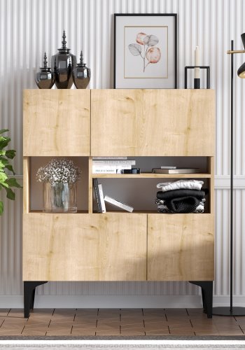 FUNZI LIVING Krista Schrank, mit 4 Türen und 1 Regal - Saphir-Eichenfarbenes Melamin