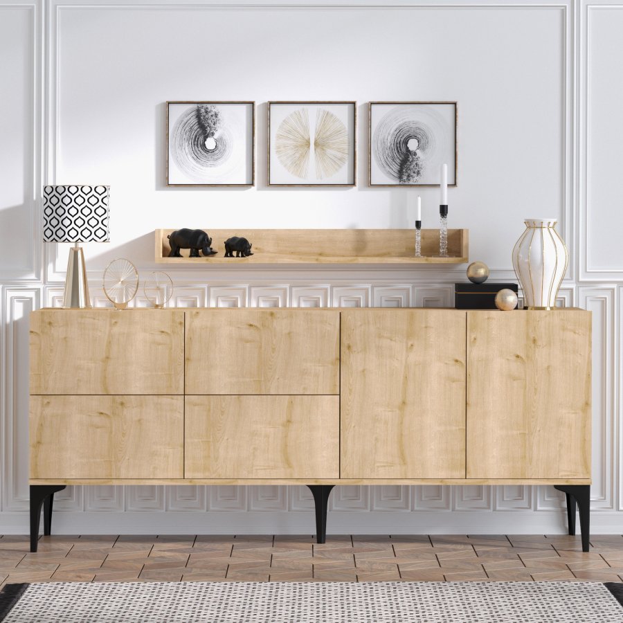 FUNZI LIVING Stella Sideboard und Wandregal mit 6 Türen und 2 Regalen - Saphir-Eichenfarbenes Melamin