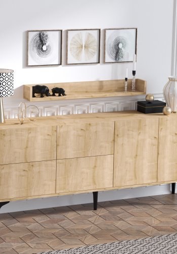 FUNZI LIVING Stella Sideboard und Wandregal mit 6 Türen und 2 Regalen - Saphir-Eichenfarbenes Melamin