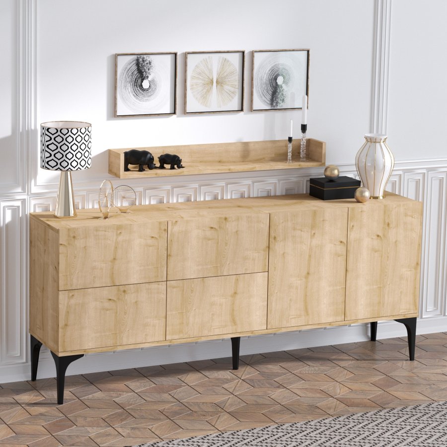 FUNZI LIVING Stella Sideboard und Wandregal mit 6 Türen und 2 Regalen - Saphir-Eichenfarbenes Melamin