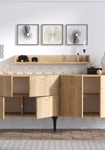 FUNZI LIVING Stella Sideboard und Wandregal mit 6 Türen und 2 Regalen - Saphir-Eichenfarbenes Melamin