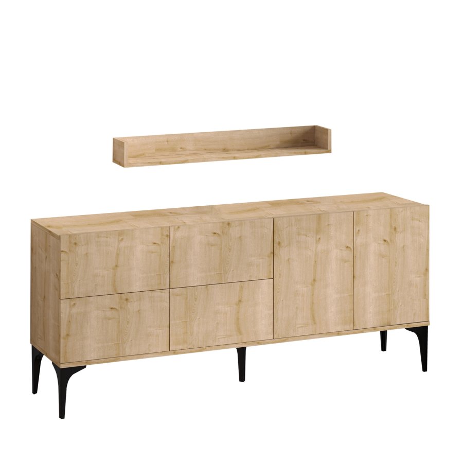 FUNZI LIVING Stella Sideboard und Wandregal mit 6 Türen und 2 Regalen - Saphir-Eichenfarbenes Melamin
