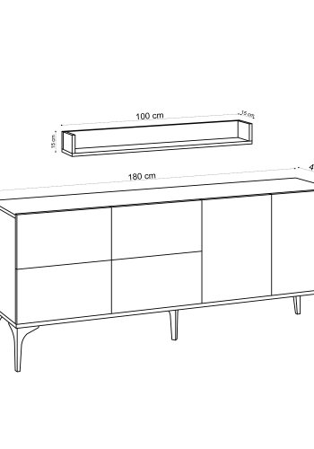FUNZI LIVING Stella Sideboard und Wandregal mit 6 Türen und 2 Regalen - Saphir-Eichenfarbenes Melamin