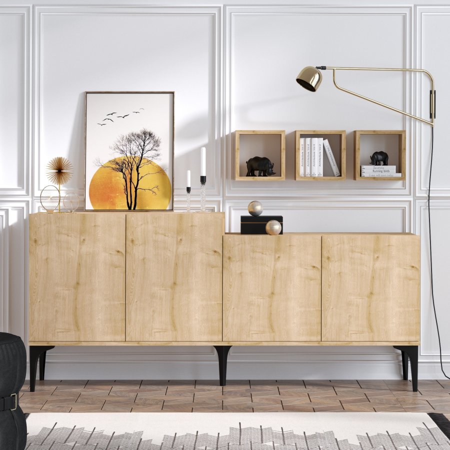 FUNZI LIVING Magne Sideboard und 3 Wandregale, mit 4 Türen und 2 Regalen - Saphireiche farbiges Melamin