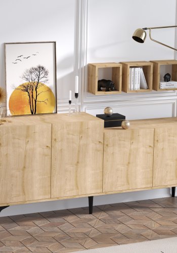 FUNZI LIVING Magne Sideboard und 3 Wandregale, mit 4 Türen und 2 Regalen - Saphireiche farbiges Melamin