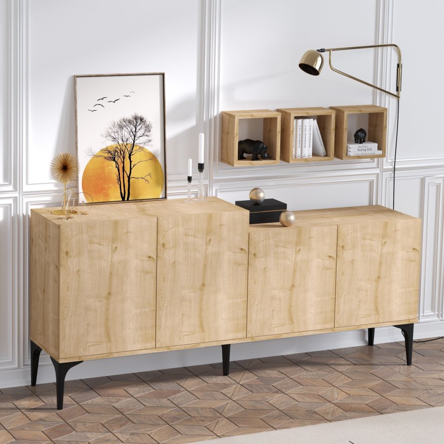 FUNZI LIVING Magne Sideboard und 3 Wandregale, mit 4 Türen und 2 Regalen - Saphireiche farbiges Melamin