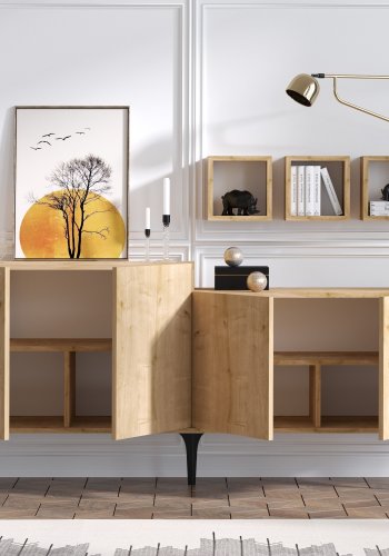 FUNZI LIVING Magne Sideboard und 3 Wandregale, mit 4 Türen und 2 Regalen - Saphireiche farbiges Melamin