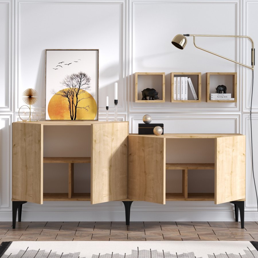 FUNZI LIVING Magne Sideboard und 3 Wandregale, mit 4 Türen und 2 Regalen - Saphireiche farbiges Melamin