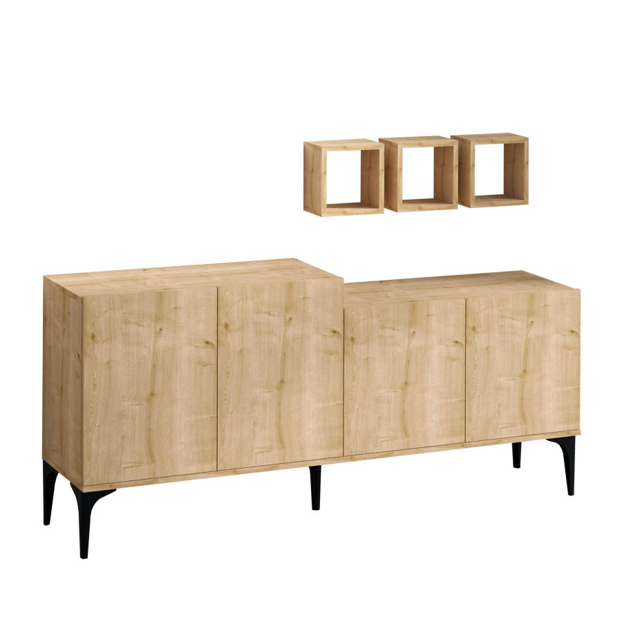FUNZI LIVING Magne Sideboard und 3 Wandregale, mit 4 Türen und 2 Regalen - Saphireiche farbiges Melamin