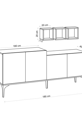 FUNZI LIVING Magne Sideboard und 3 Wandregale, mit 4 Türen und 2 Regalen - Saphireiche farbiges Melamin