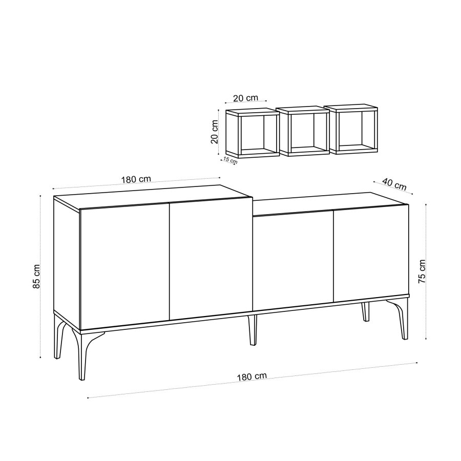 FUNZI LIVING Magne Sideboard und 3 Wandregale, mit 4 Türen und 2 Regalen - Saphireiche farbiges Melamin