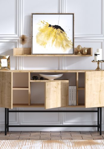 FUNZI LIVING Lelia Sideboard und Wandregal mit 3 Türen und 3 Regalen - Saphir-Eichenfarbenes Melamin