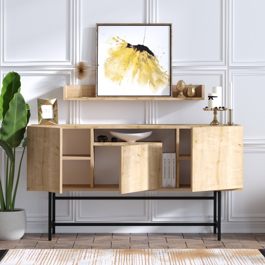 FUNZI LIVING Lelia Sideboard und Wandregal mit 3 Türen und 3 Regalen - Saphir-Eichenfarbenes Melamin