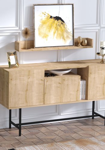 FUNZI LIVING Lelia Sideboard und Wandregal mit 3 Türen und 3 Regalen - Saphir-Eichenfarbenes Melamin