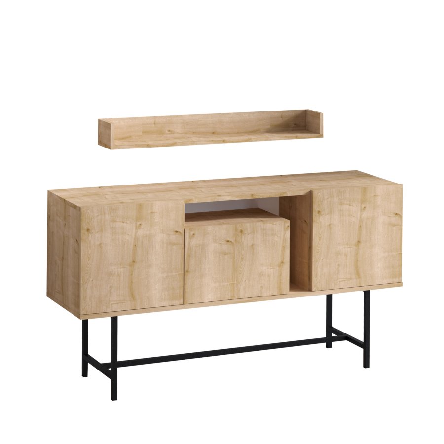 FUNZI LIVING Lelia Sideboard und Wandregal mit 3 Türen und 3 Regalen - Saphir-Eichenfarbenes Melamin