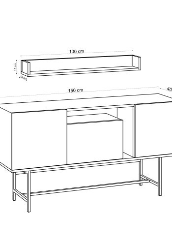 FUNZI LIVING Lelia Sideboard und Wandregal mit 3 Türen und 3 Regalen - Saphir-Eichenfarbenes Melamin