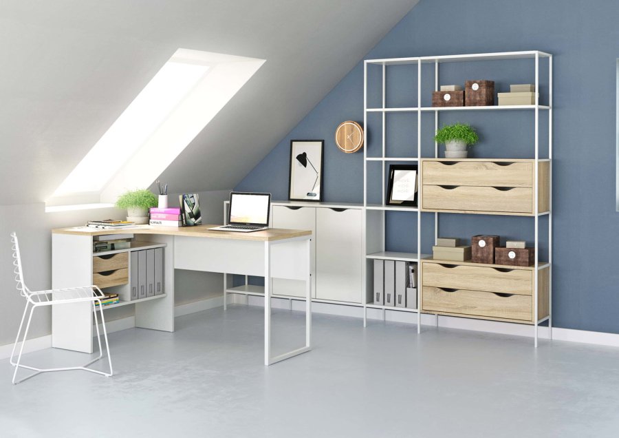 TVILUM Function Plus Eckschreibtisch - weiß/Eichenstruktur, mit 2 Schubladen 