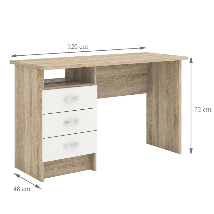 TVILUM skrivebord - 3 skuffer, eik/hvit