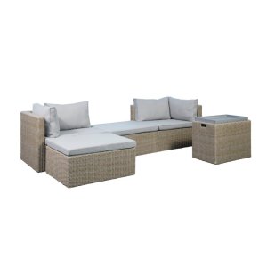Modul udendrs loungest, m. 1 sofa, 1 bord, 2 skamler, beige stofhynder - brun pe flet (st med 6)