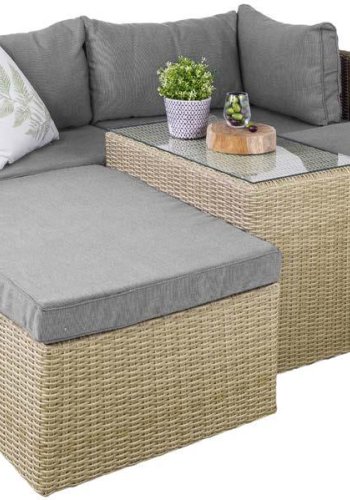 Modulrt utendrs loungesett, med 1 sofa, 1 bord, 2 krakker, beige stoffputer - brun PE-rot (sett med 6)