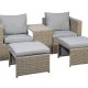 Modulrt utendrs loungesett, med 1 sofa, 1 bord, 2 krakker, beige stoffputer - brun PE-rot (sett med 5)